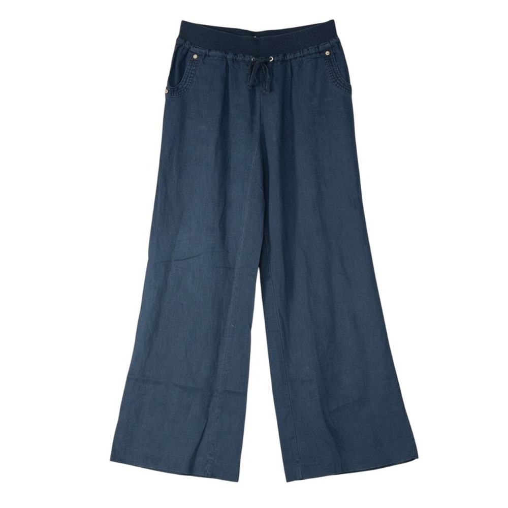 GUESS WIDE LEG PANTS Black Linen w/Knit Waistband PULL-ON Pockets Drawstring M